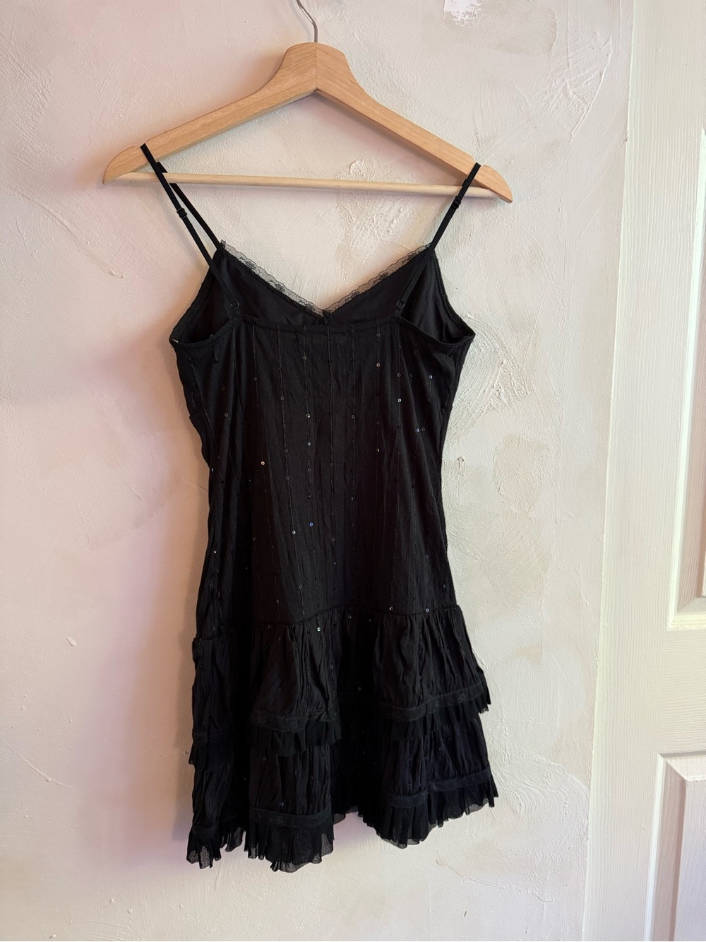ICHI | Y2K Black Sequin Slip Dress | Size S | Tiered Ruffle Mesh Hem - Picture 7 of 11
